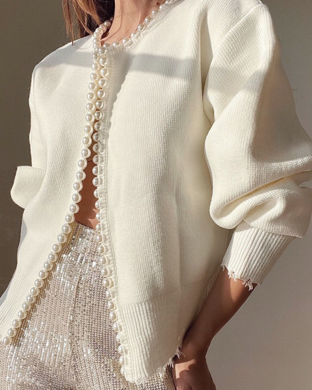 Women's Pearl Embellished Cardigan – V-Neck Decorative Button Front Cardigan