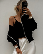 Women's Pearl Embellished Cardigan – V-Neck Decorative Button Front Cardigan
