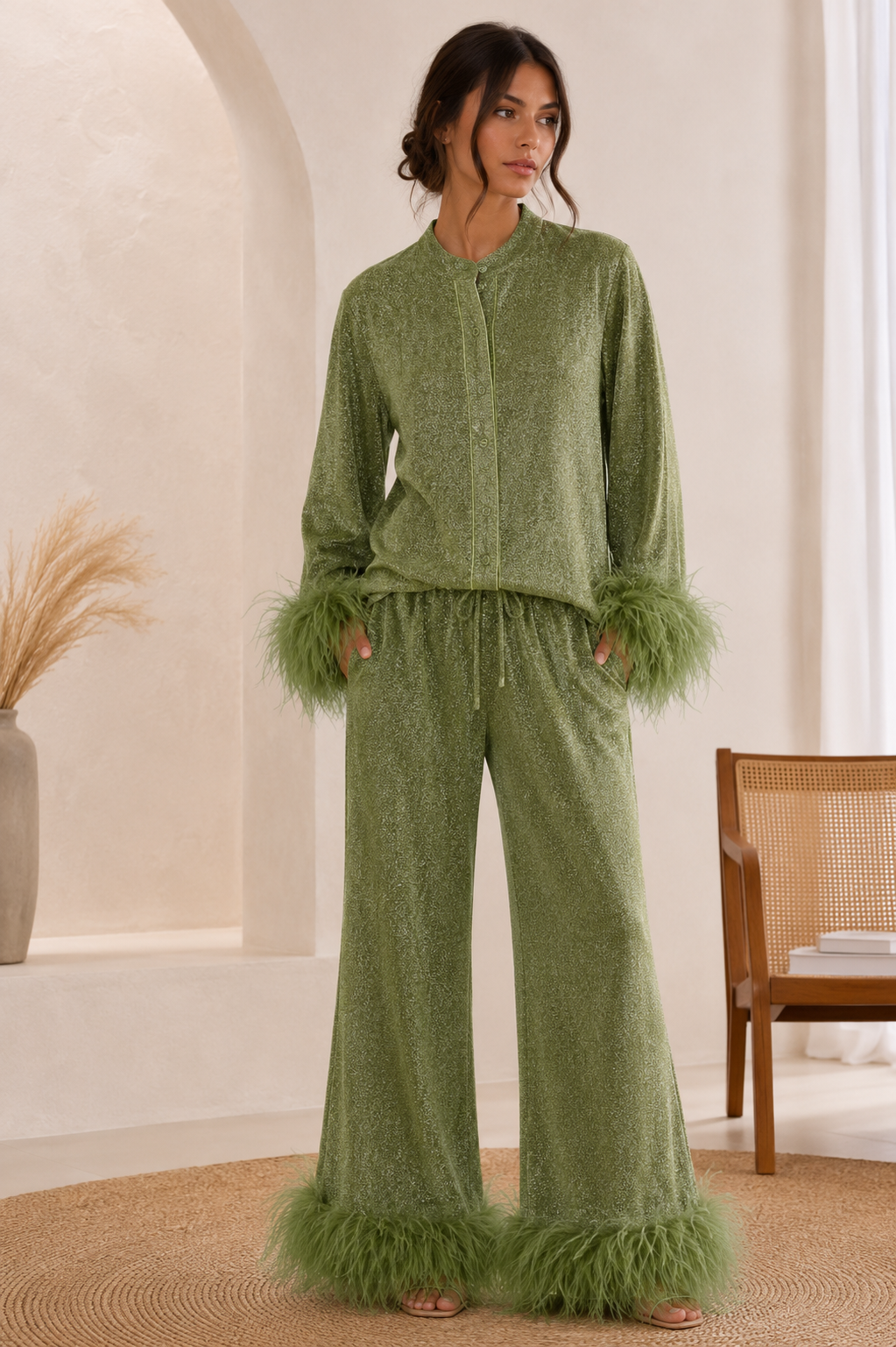 Women's Feather Trim Sequin Set – Glitter Blouse & Wide Leg Pants Set