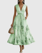 Women's Sleeveless Pleated Midi Dress – Floral Wedding Guest Occasion Dress