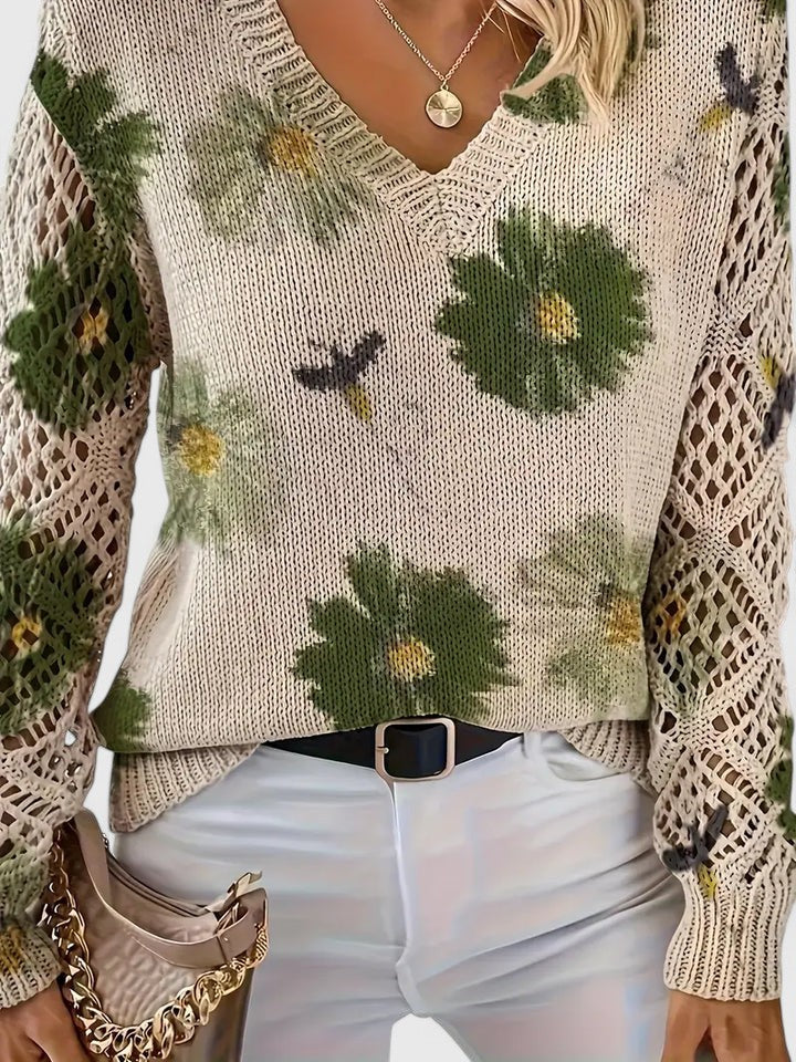 Women's Floral V-Neck Cardigan – Lightweight Flower Knit Cardigan