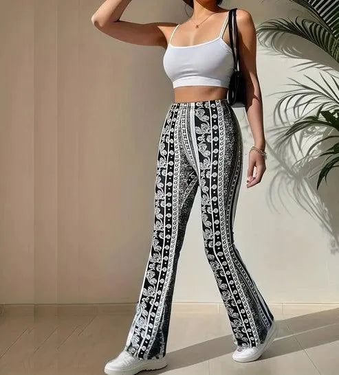 Women's Printed Flared Pants – Elastic Waist Casual Summer Trousers