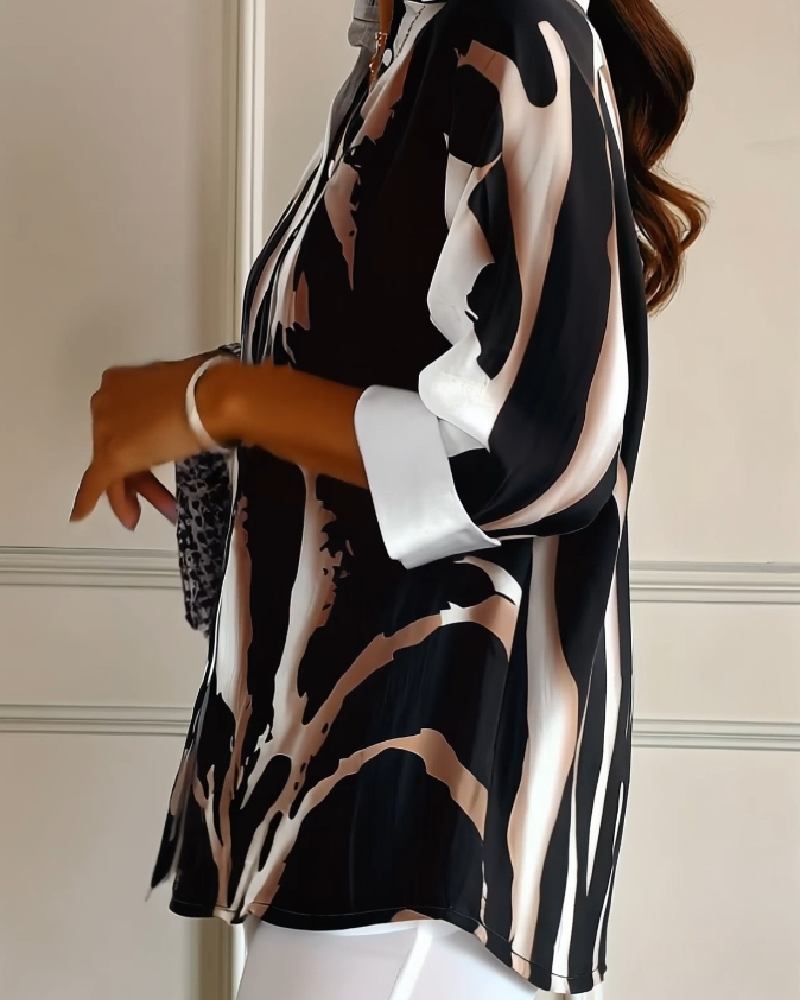 Women's Asymmetrical Print Blouse – Stand Collar Long Sleeve Blouse