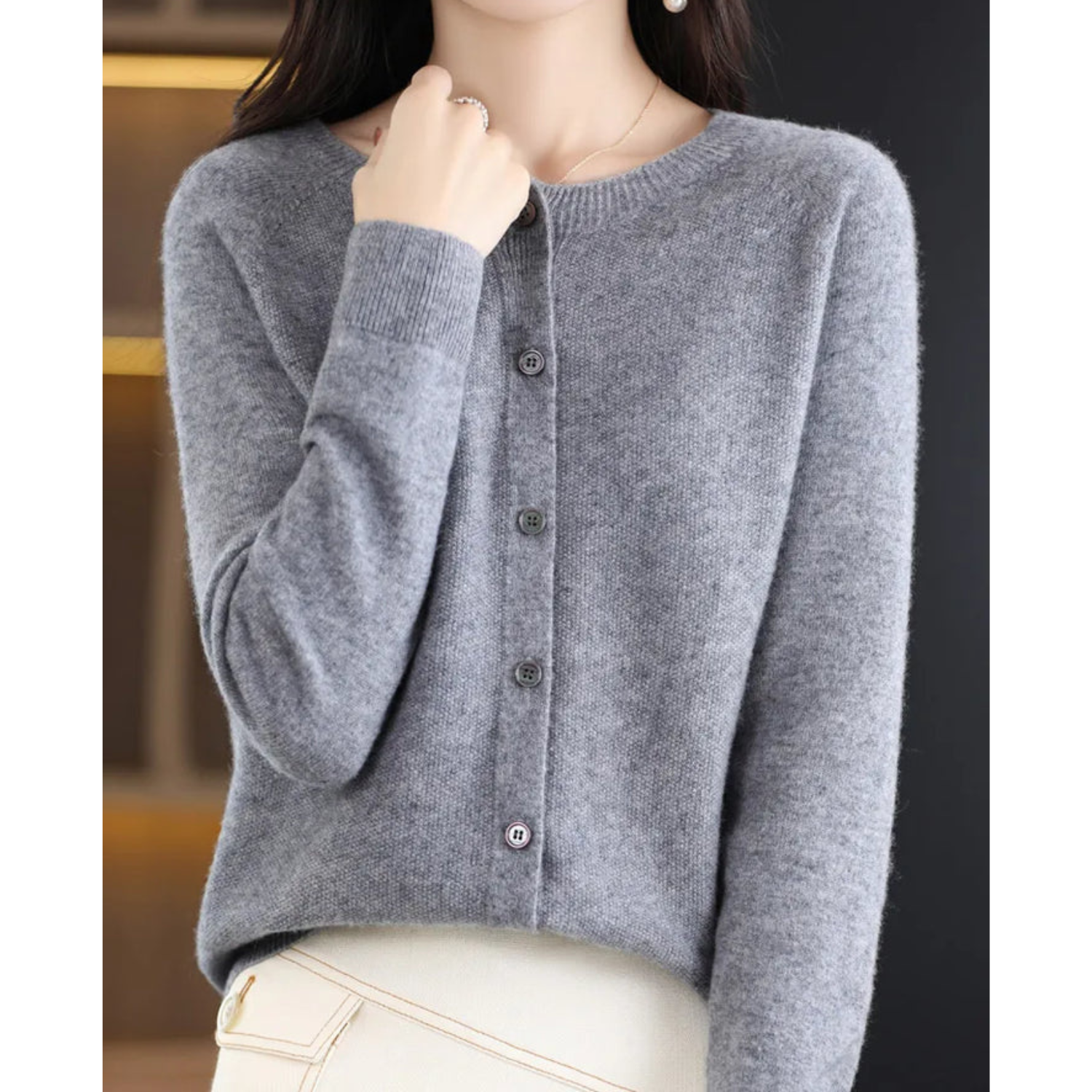 Women's Classic Crew Neck Cardigan – Button Front Long Sleeve Knit Cardigan