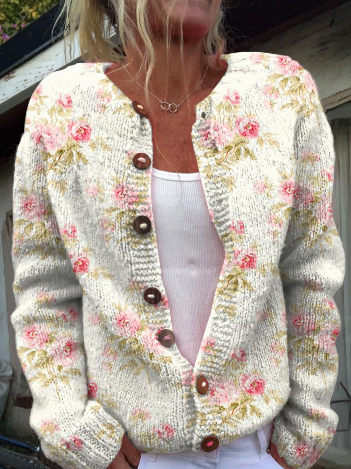 Brinley | Floral Leaf Print Button Cardigan