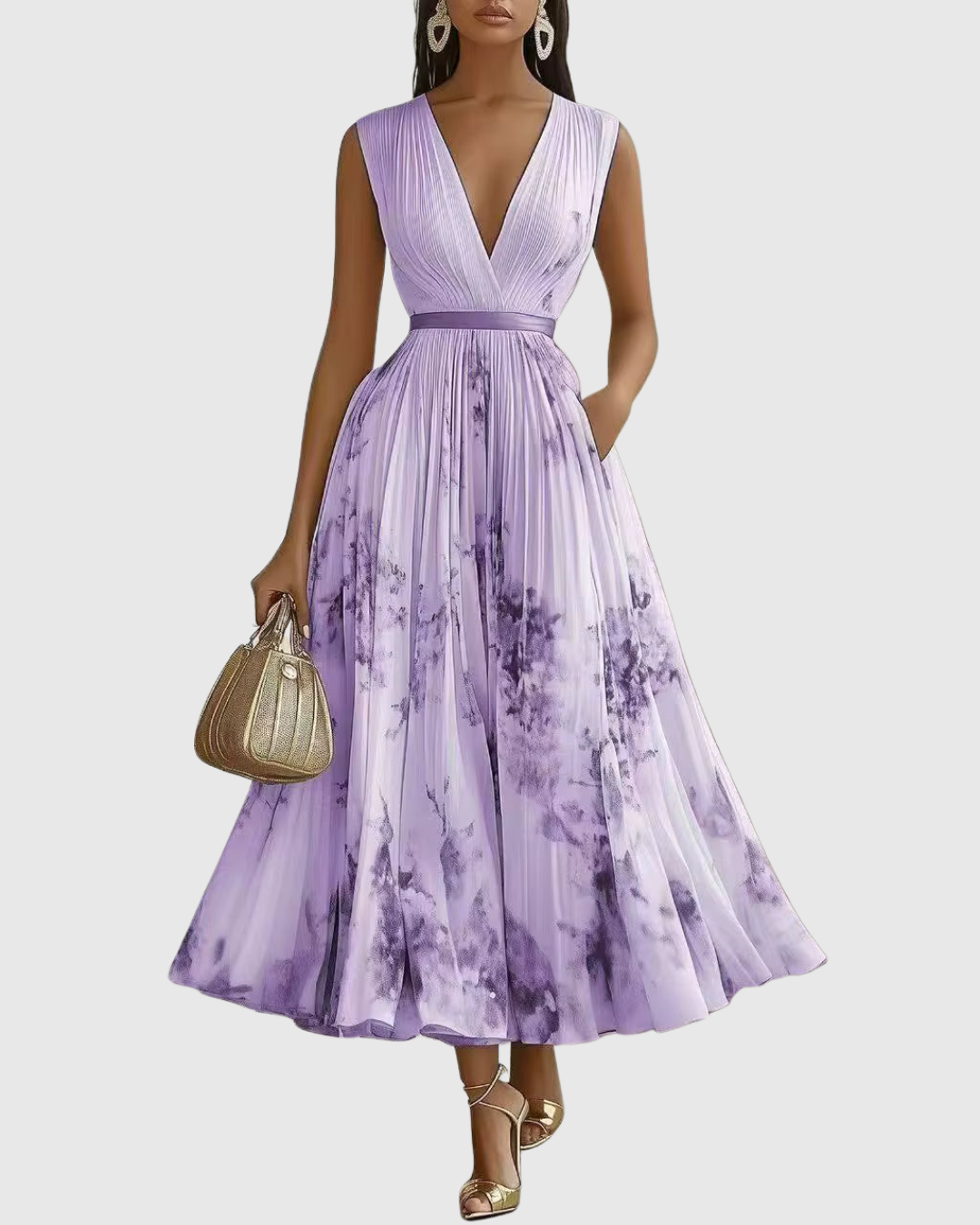 Women's Sleeveless Pleated Midi Dress – Floral Wedding Guest Occasion Dress