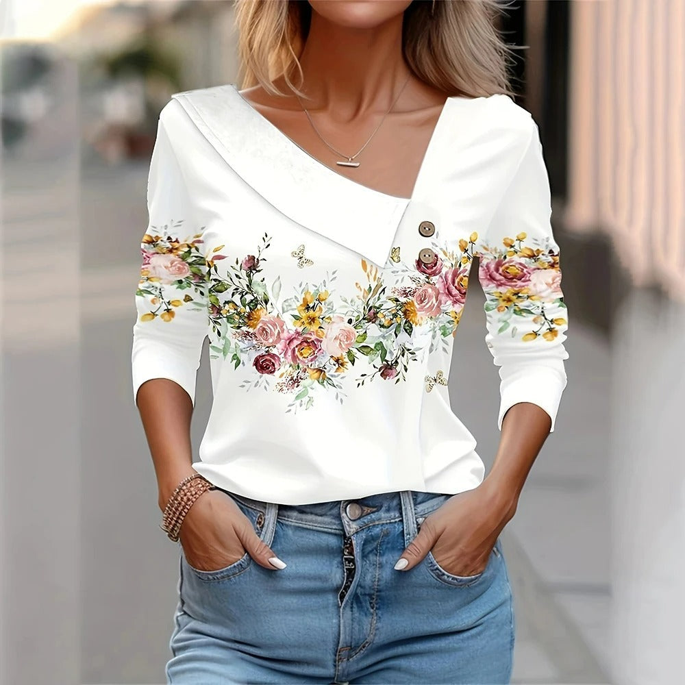 Women's Floral Pattern Blouse – Relaxed Long Sleeve Printed Blouse