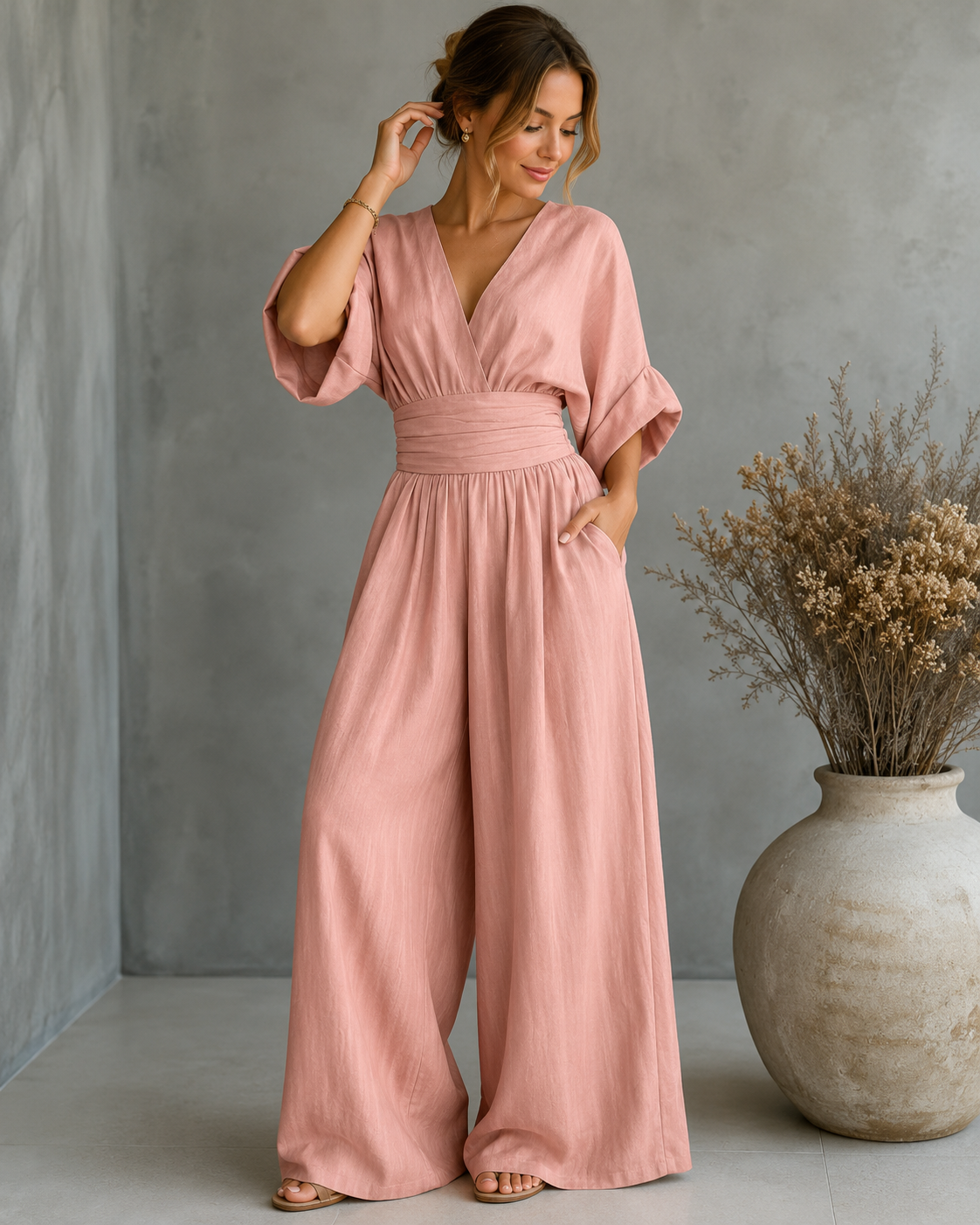 Women's V-Neck Wrap Wide Leg Jumpsuit – Cinched Waist Wedding Guest Jumpsuit
