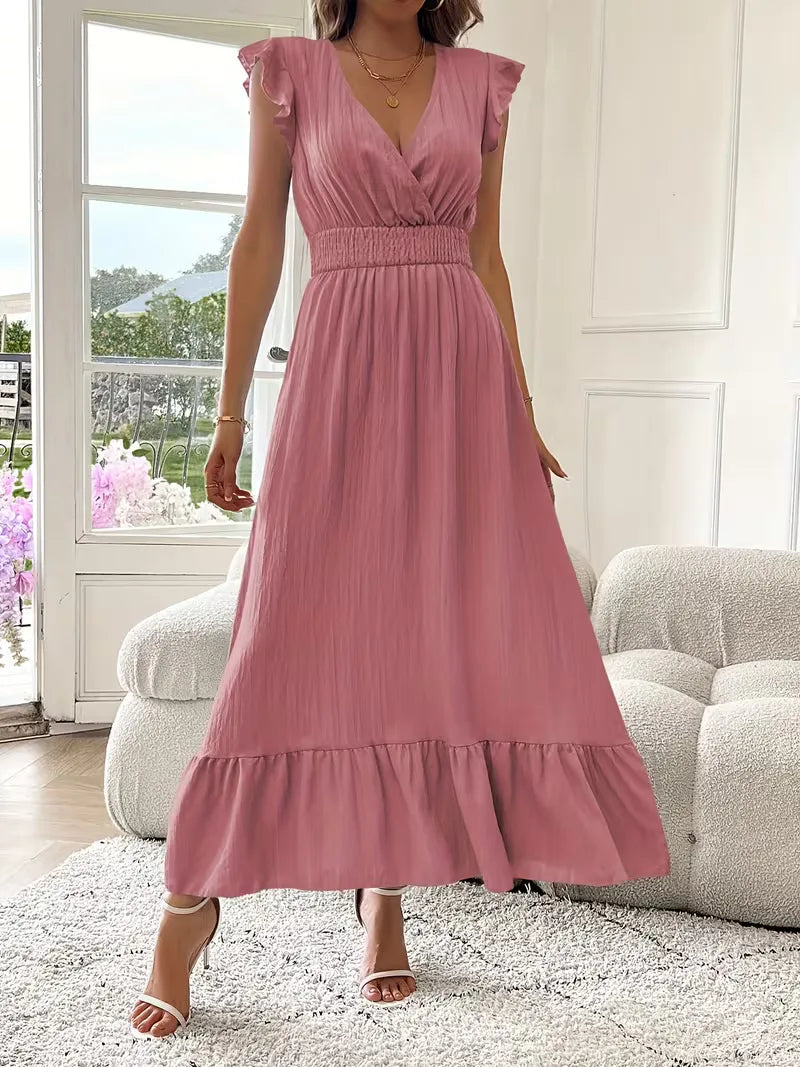 Women's V-Neck Tiered Maxi Dress – Short Sleeve Smocked Waist Evening Dress