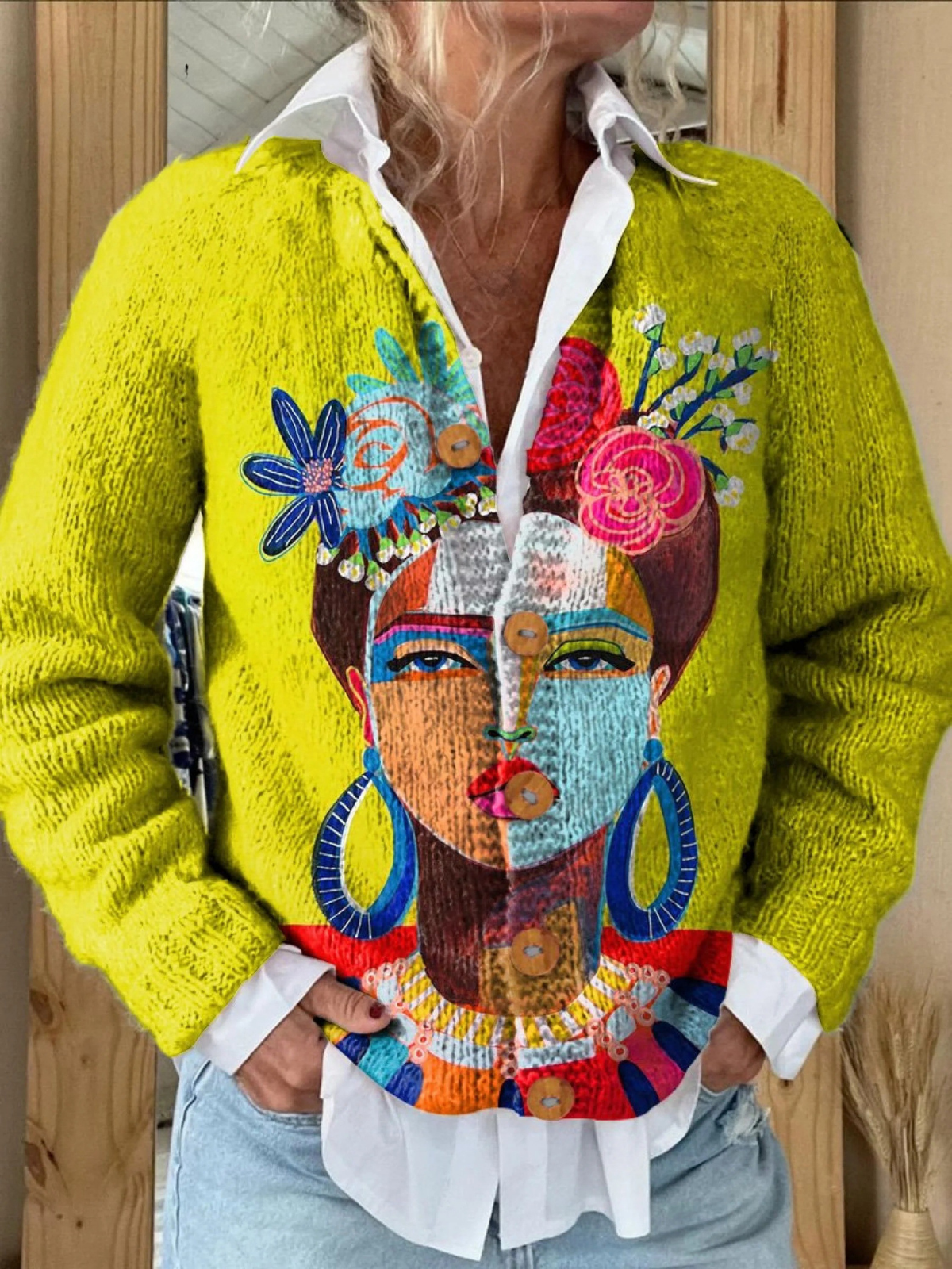 Elara | Abstract Portrait Print Button Cardigan