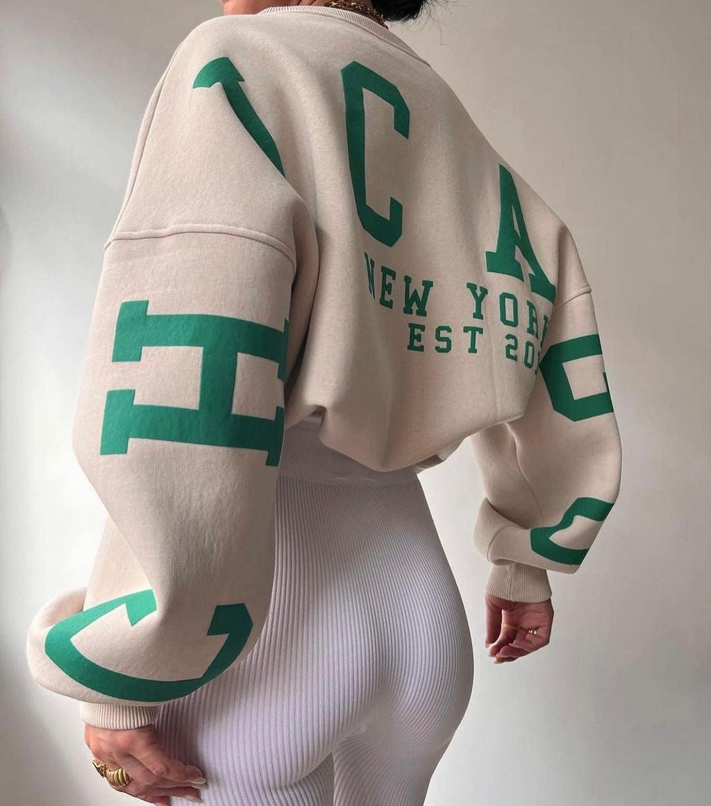 Women's Crew Neck Graphic Sweater – Printed Sleeve Relaxed Fit Pullover