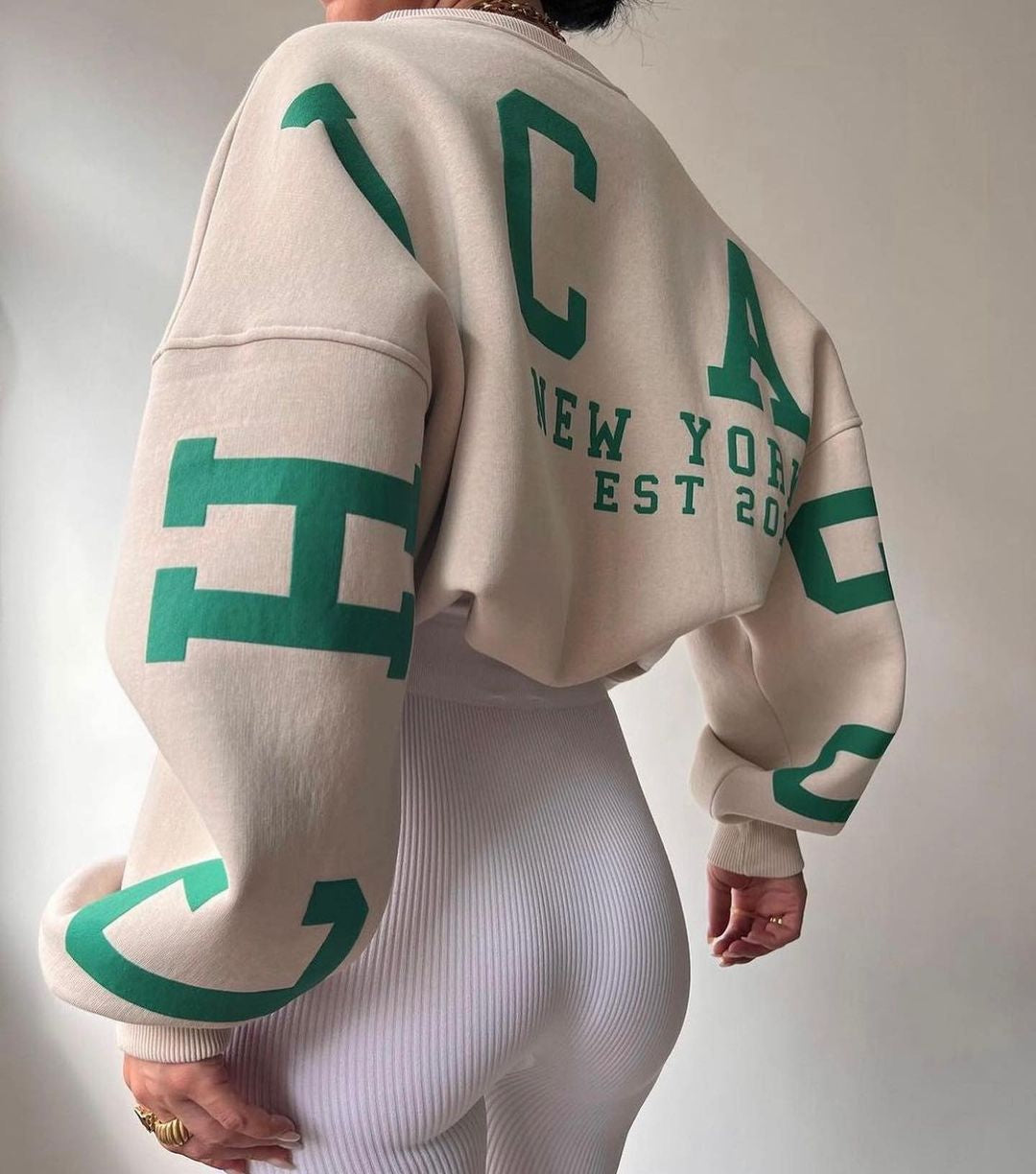 Women's Crew Neck Graphic Sweater – Printed Sleeve Relaxed Fit Pullover