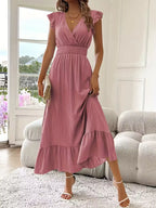 Women's V-Neck Tiered Maxi Dress – Short Sleeve Smocked Waist Evening Dress