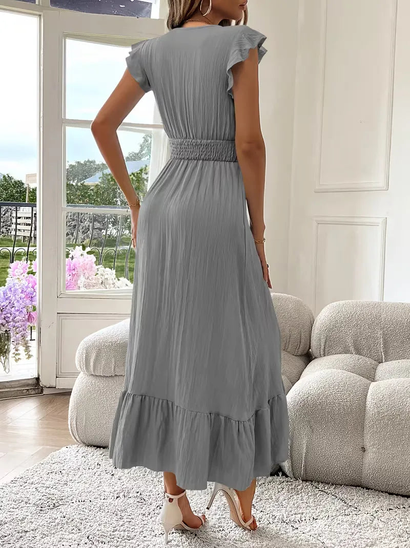 Women's V-Neck Tiered Maxi Dress – Short Sleeve Smocked Waist Evening Dress