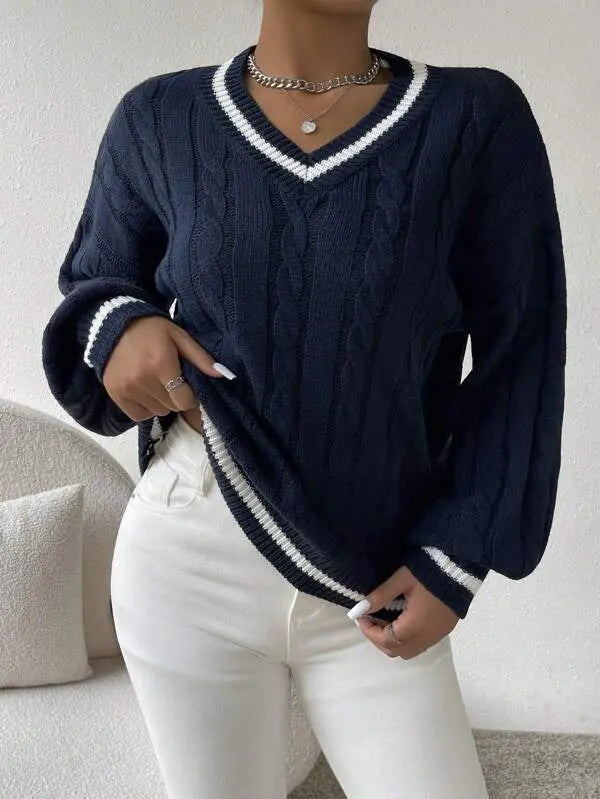 Women's College Stripe Sweater – V-Neck Cable Knit Pullover