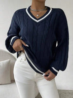 Women's College Stripe Sweater – V-Neck Cable Knit Pullover