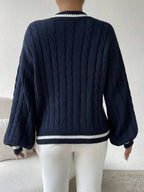 Women's Preppy Cable Sweater – Striped V-Neck Knit Pullover