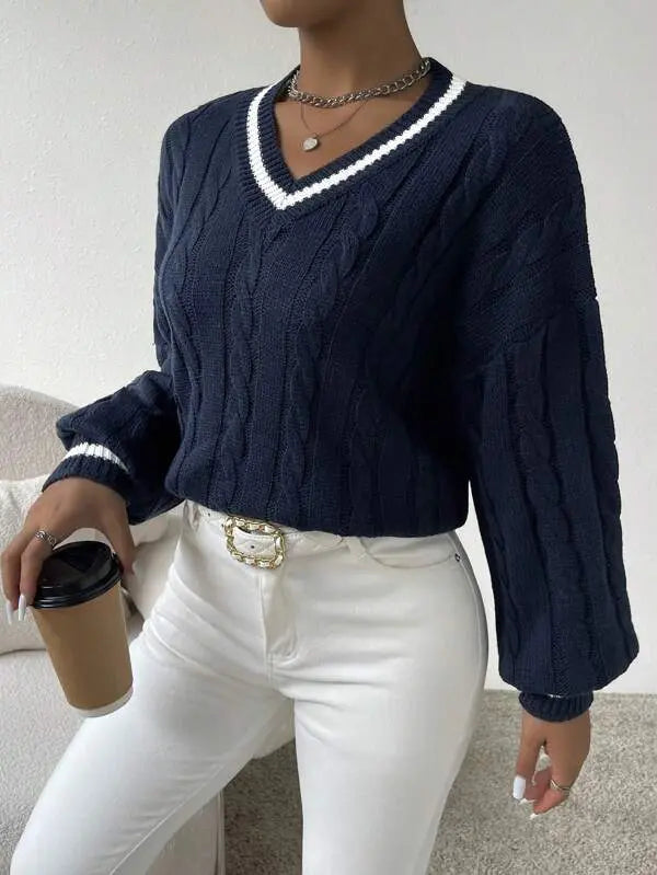 Women's Preppy Cable Sweater – Striped V-Neck Knit Pullover