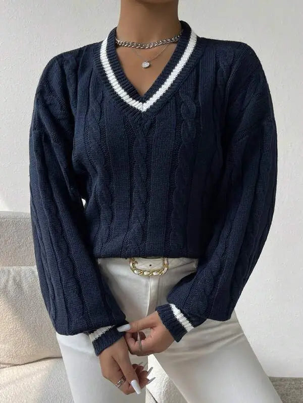 Women's Preppy Cable Sweater – Striped V-Neck Knit Pullover