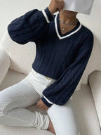 Women's Preppy Cable Sweater – Striped V-Neck Knit Pullover