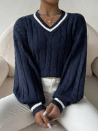 Women's College Stripe Sweater – V-Neck Cable Knit Pullover