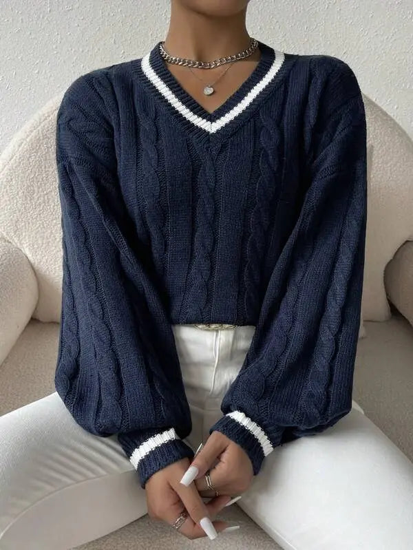 Women's Preppy Cable Sweater – Striped V-Neck Knit Pullover