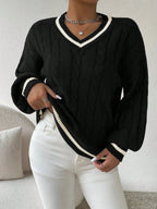 Women's Preppy Cable Sweater – Striped V-Neck Knit Pullover