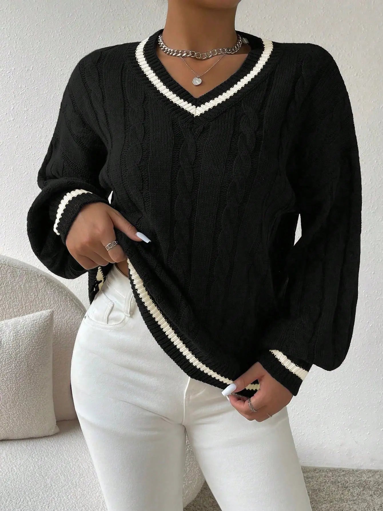 Women's Preppy Cable Sweater – Striped V-Neck Knit Pullover