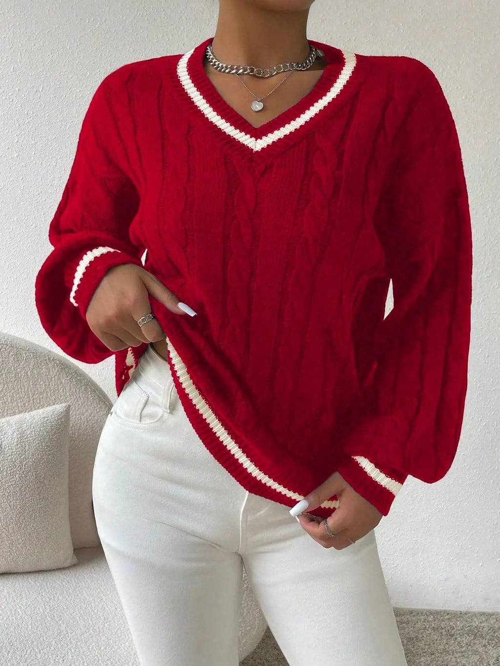 Women's Preppy Cable Sweater – Striped V-Neck Knit Pullover