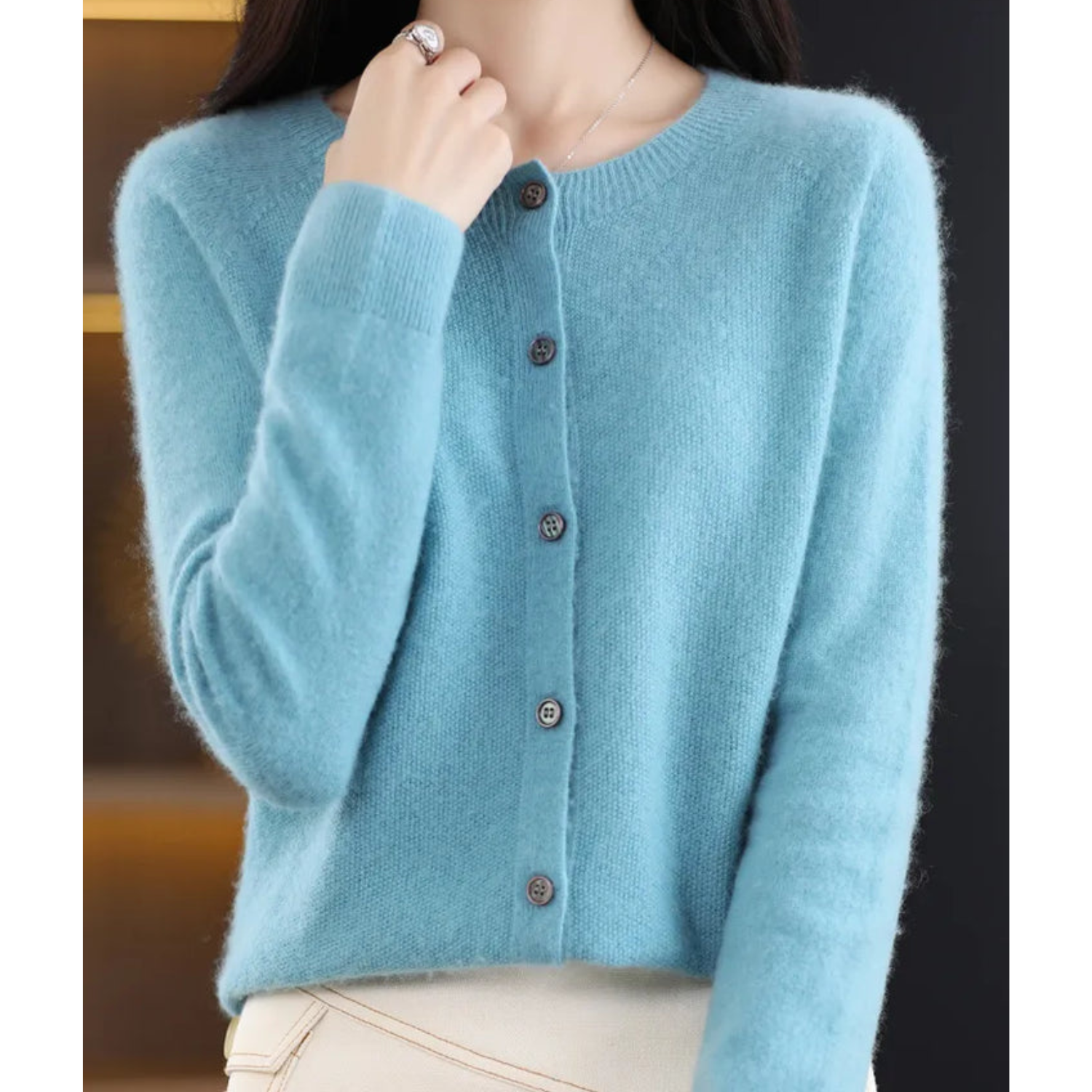 Women's Classic Crew Neck Cardigan – Button Front Long Sleeve Knit Cardigan
