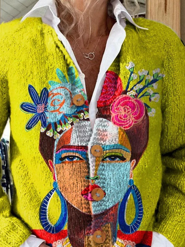 Elara | Abstract Portrait Print Button Cardigan