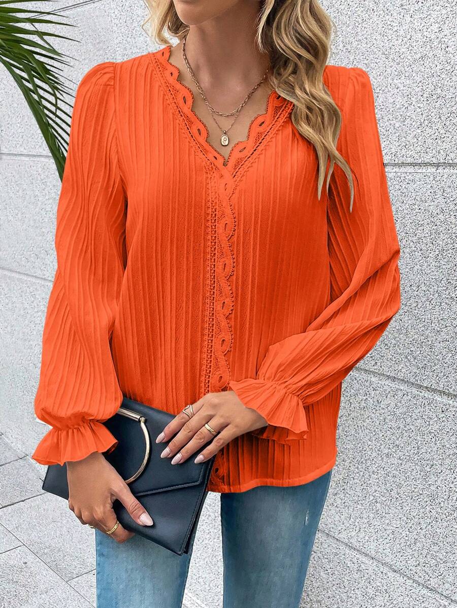 Women's Lace Panel Blouse – Crew Neck Long Sleeve Dressy Blouse