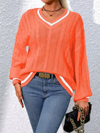 Women's Preppy Cable Sweater – Striped V-Neck Knit Pullover