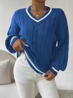 Women's Preppy Cable Sweater – Striped V-Neck Knit Pullover