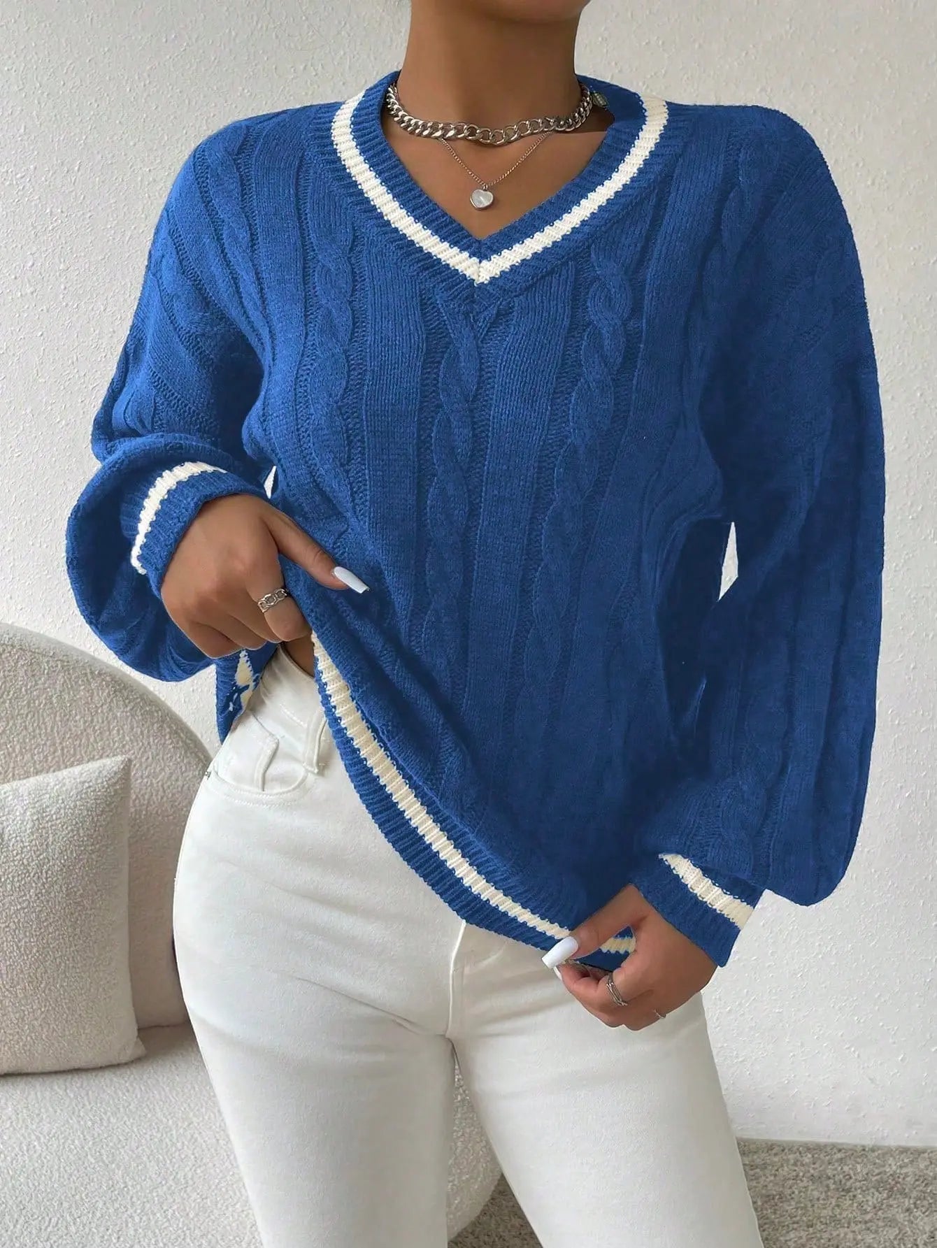 Women's Preppy Cable Sweater – Striped V-Neck Knit Pullover