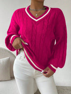 Women's College Stripe Sweater – V-Neck Cable Knit Pullover