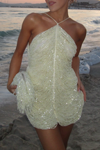 Women's Beaded Halter Cocktail Dress – Embellished Sleeveless Mini Party Dress