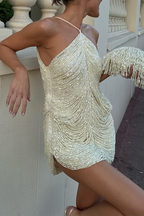 Women's Beaded Halter Cocktail Dress – Embellished Sleeveless Mini Party Dress
