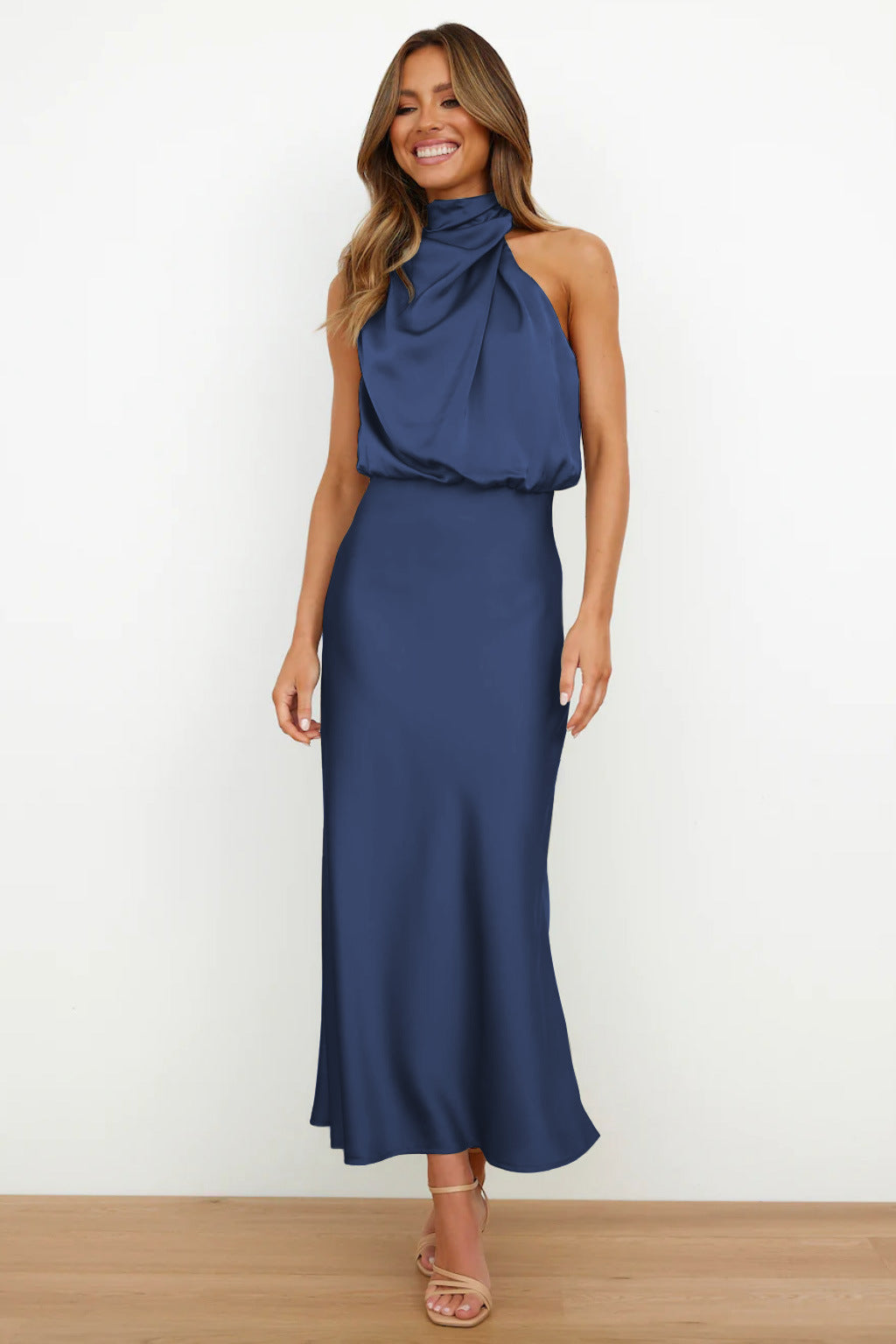 Women's Flowy Halter Midi Dress – Relaxed Cocktail Occasion Dress