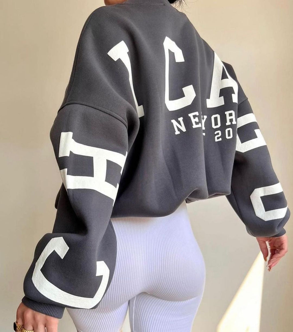 Women's Crew Neck Graphic Sweater – Printed Sleeve Relaxed Fit Pullover