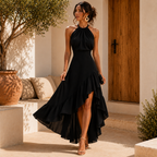 Women's Pleated Halter Midi Dress – Ruffle Wedding Guest Occasion Dress