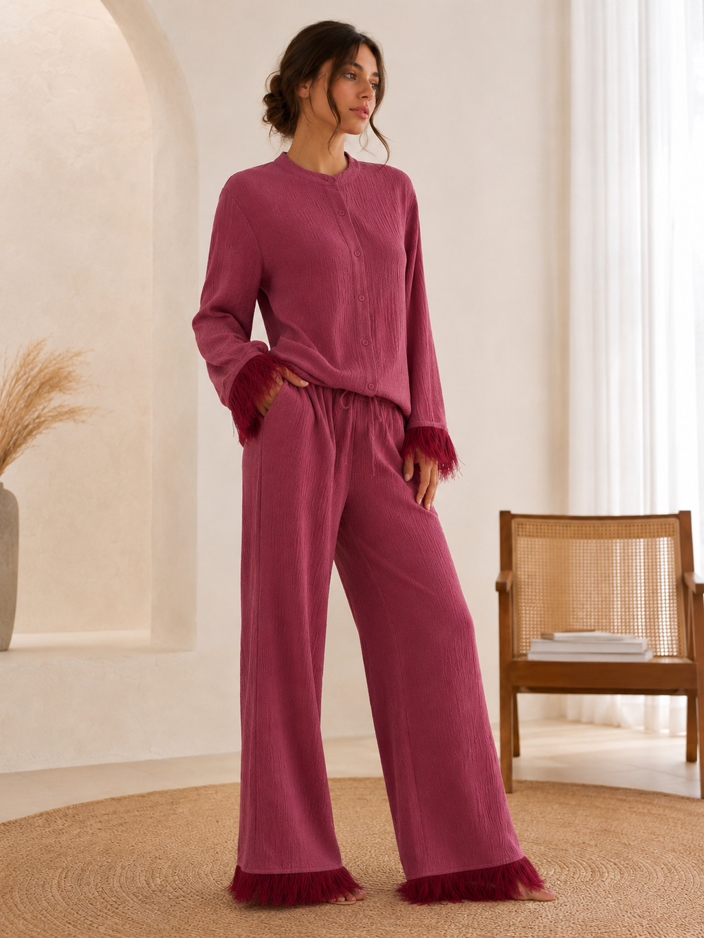 Women's Feather Trim Sequin Set – Glitter Blouse & Wide Leg Pants Set