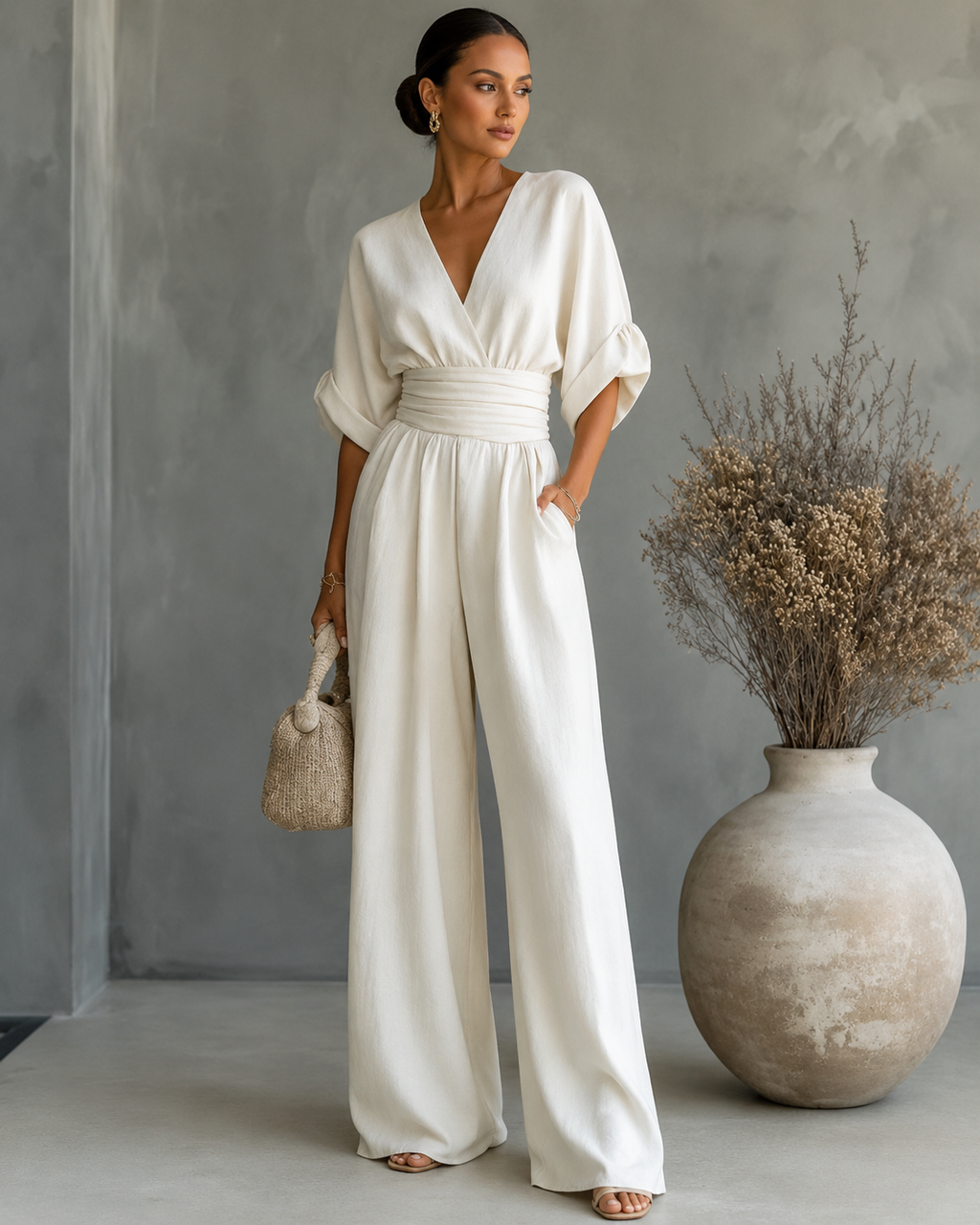 Women's V-Neck Wrap Wide Leg Jumpsuit – Cinched Waist Wedding Guest Jumpsuit