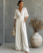 Women's V-Neck Wrap Wide Leg Jumpsuit – Cinched Waist Wedding Guest Jumpsuit