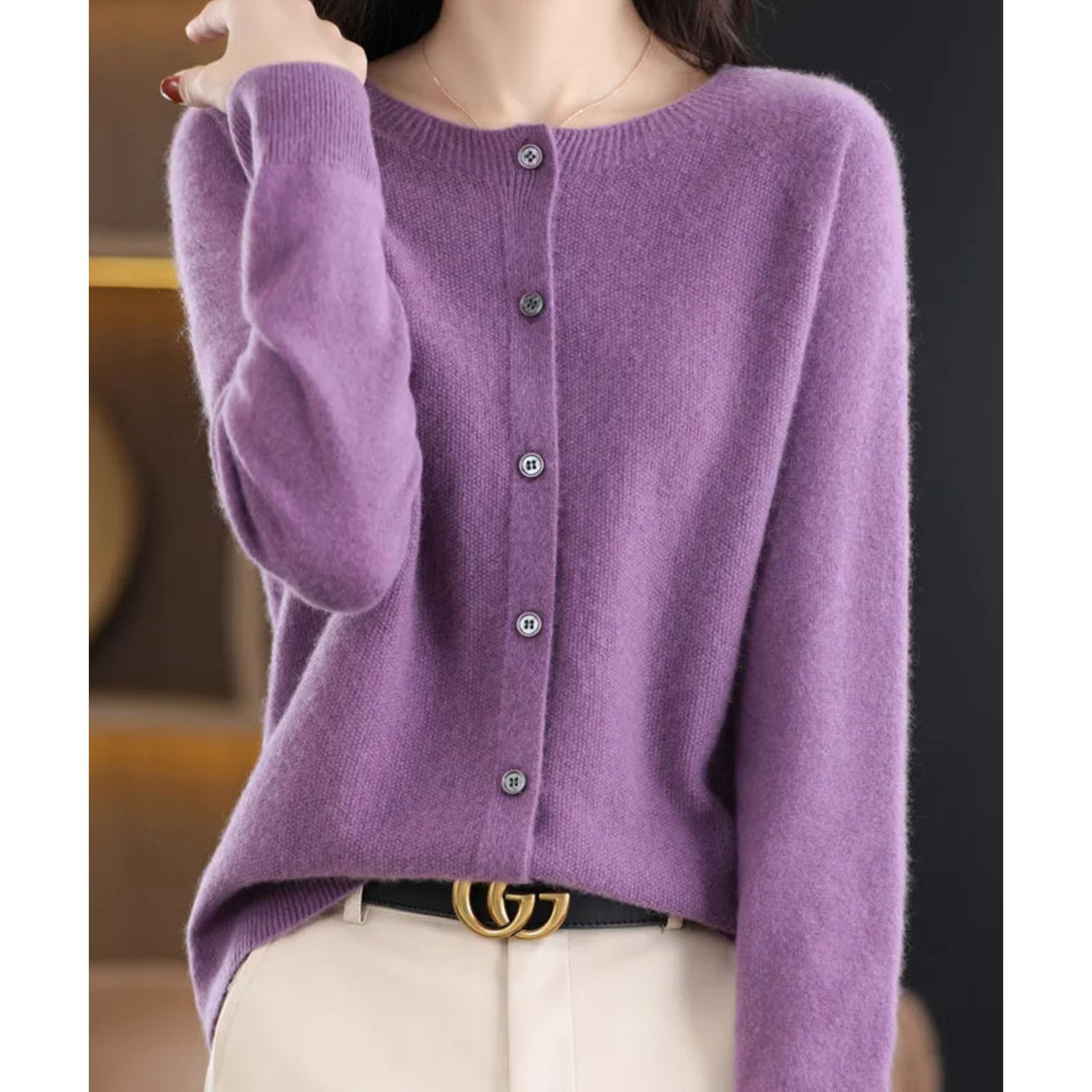 Women's Classic Crew Neck Cardigan – Button Front Long Sleeve Knit Cardigan