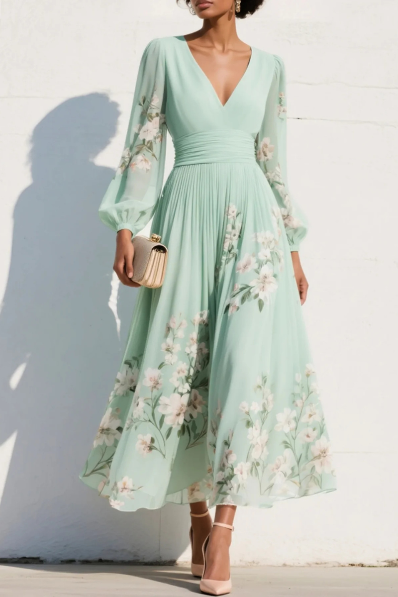 Women's Floral Pleated Wedding Guest Midi Dress – Flowy Summer Occasion Dress