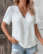 Women's Short Sleeve Lace Blouse – V-Neck Feminine Detail Blouse