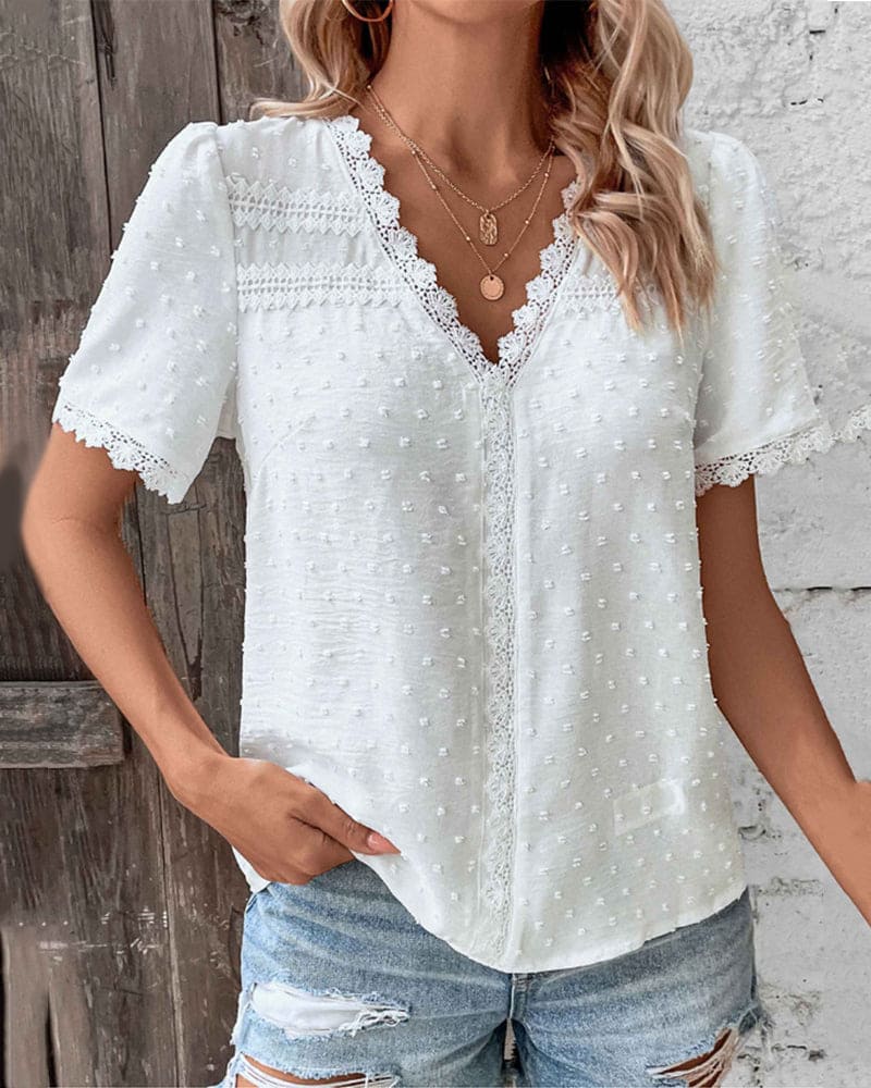 Women's Short Sleeve Lace Blouse – V-Neck Feminine Detail Blouse