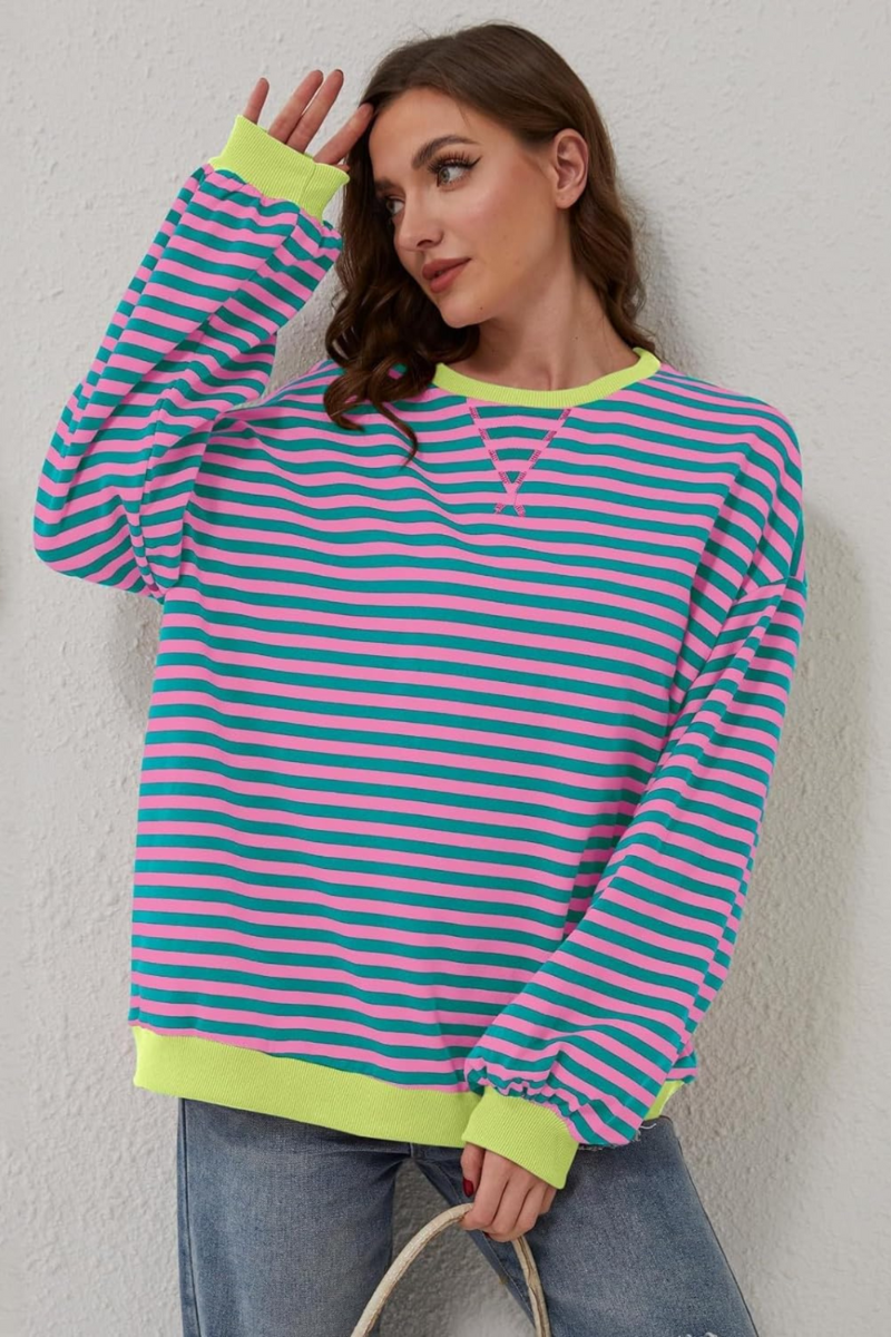 Women's Striped Crew Neck Sweatshirt – Relaxed Long Sleeve Pullover