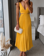 Women's Pleated V-Neck Midi Dress – Deep Neck Side Cutout Cocktail Dress